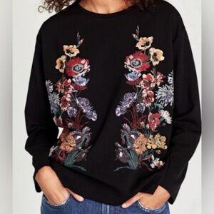 Zara B&W (Floral Printed Details)Long Sleeve Black Top, size S
